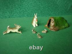 BARRETT & SONS VINTAGE 1950s LEAD RARE RABBIT SET WITH CARROT BURROW & 3 BABIES