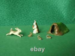 BARRETT & SONS VINTAGE 1950s LEAD RARE RABBIT SET WITH CARROT BURROW & 3 BABIES