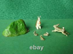 BARRETT & SONS VINTAGE 1950s LEAD RARE RABBIT SET WITH CARROT BURROW & 3 BABIES