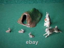 BARRETT & SONS VINTAGE 1950s LEAD RARE RABBIT SET WITH CARROT BURROW & 3 BABIES