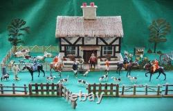 BRITAINS ANTIQUE 1920-30s LEAD HUNT SET WOODEN COTTAGE FIGURES & FARM ANIMALS