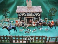 BRITAINS ANTIQUE 1920-30s LEAD HUNT SET WOODEN COTTAGE FIGURES & FARM ANIMALS