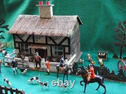 BRITAINS ANTIQUE 1920-30s LEAD HUNT SET WOODEN COTTAGE FIGURES & FARM ANIMALS