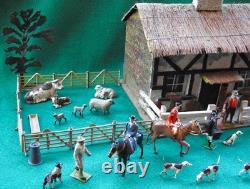 BRITAINS ANTIQUE 1920-30s LEAD HUNT SET WOODEN COTTAGE FIGURES & FARM ANIMALS