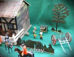 BRITAINS ANTIQUE 1920-30s LEAD HUNT SET WOODEN COTTAGE FIGURES & FARM ANIMALS