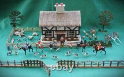BRITAINS ANTIQUE 1920-30s LEAD HUNT SET WOODEN COTTAGE FIGURES & FARM ANIMALS