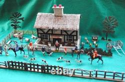 BRITAINS ANTIQUE 1920-30s LEAD HUNT SET WOODEN COTTAGE FIGURES & FARM ANIMALS