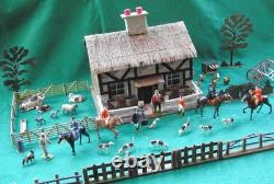 BRITAINS ANTIQUE 1920-30s LEAD HUNT SET WOODEN COTTAGE FIGURES & FARM ANIMALS
