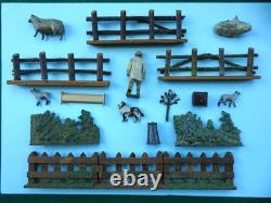 BRITAINS ANTIQUE 1920-30s LEAD HUNT SET WOODEN COTTAGE FIGURES & FARM ANIMALS