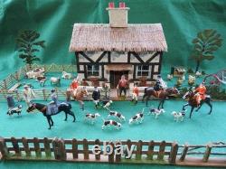 BRITAINS ANTIQUE 1920-30s LEAD HUNT SET WOODEN COTTAGE FIGURES & FARM ANIMALS