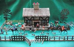 BRITAINS ANTIQUE 1920-30s LEAD HUNT SET WOODEN COTTAGE FIGURES & FARM ANIMALS