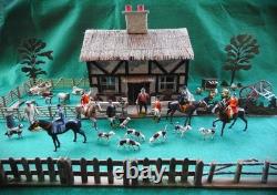 BRITAINS ANTIQUE 1920-30s LEAD HUNT SET WOODEN COTTAGE FIGURES & FARM ANIMALS