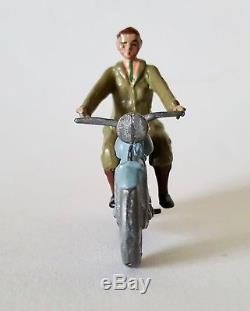 BRITAINS, MAN on MOTOR CYCLE, VERY RARE PRE WAR CIVILIAN HOLLOW-CAST LEAD