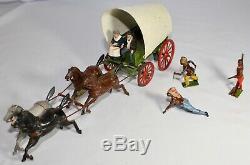 Britains Toy Soldiers Covered Prairie Wagon 4-Horse Team, Pioneers, Indians 1940