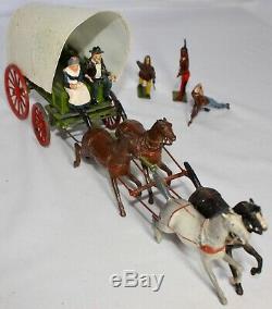 Britains Toy Soldiers Covered Prairie Wagon 4-Horse Team, Pioneers, Indians 1940
