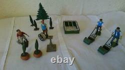 C1930 Britains garden series lawnmower man hose trees woman with pail pre war