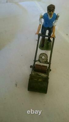 C1930 Britains garden series lawnmower man hose trees woman with pail pre war