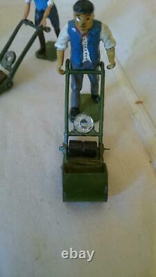 C1930 Britains garden series lawnmower man hose trees woman with pail pre war