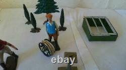 C1930 Britains garden series lawnmower man hose trees woman with pail pre war