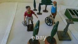 C1930 Britains garden series lawnmower man hose trees woman with pail pre war