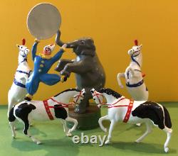 Vintage Britains Circus 4 x horses, clown with hoop & elephant on tub