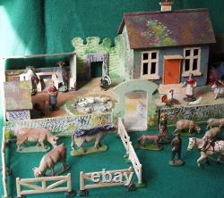 WENDAL TOYS 1948 ALUMINIUM FARM FIGURES ANIMALS & WOODEN FARM 40pc INC BRITAINS