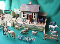 WENDAL TOYS 1948 ALUMINIUM FARM FIGURES ANIMALS & WOODEN FARM 40pc INC BRITAINS